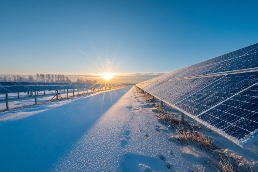 Saulės elektrinė žiemą, fone saulėtekis.